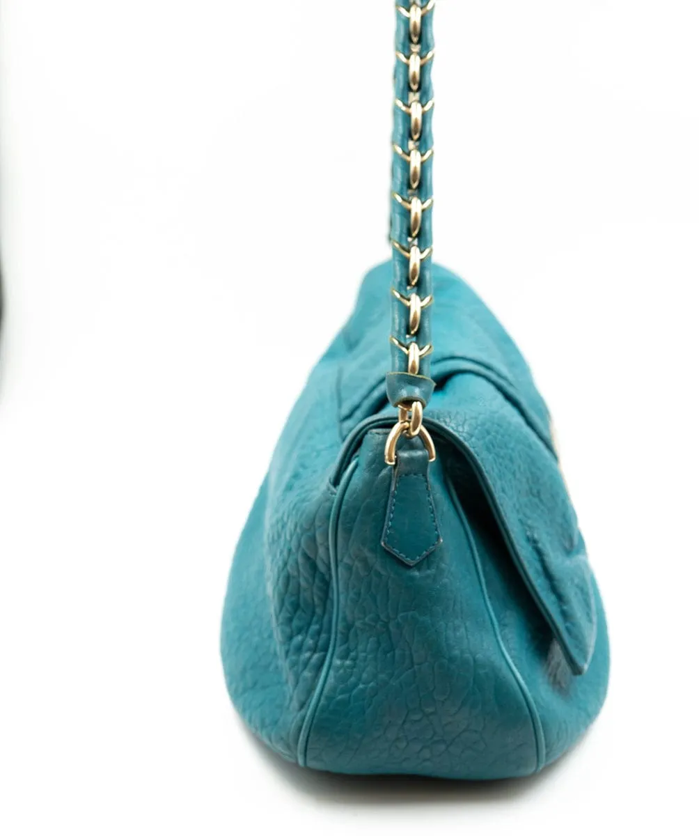 Fendi Mia Flap Shoulder Bag Emerald Blue Pebbled Leather A - AWL4090