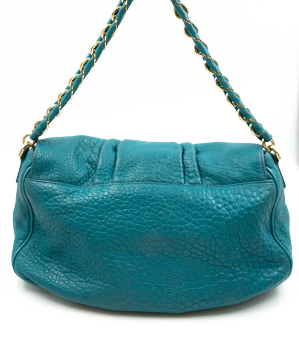 Fendi Mia Flap Shoulder Bag Emerald Blue Pebbled Leather A - AWL4090