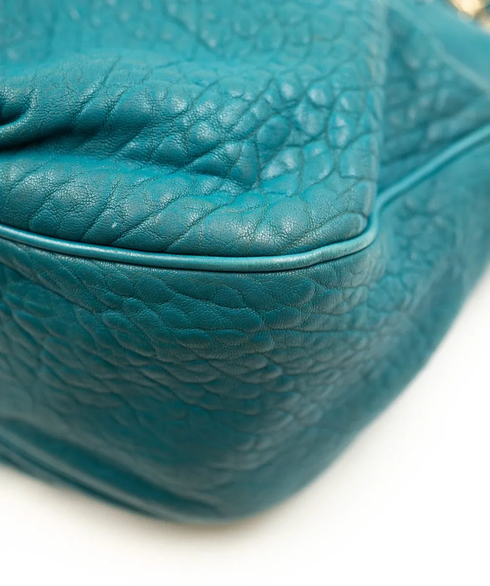 Fendi Mia Flap Shoulder Bag Emerald Blue Pebbled Leather A - AWL4090