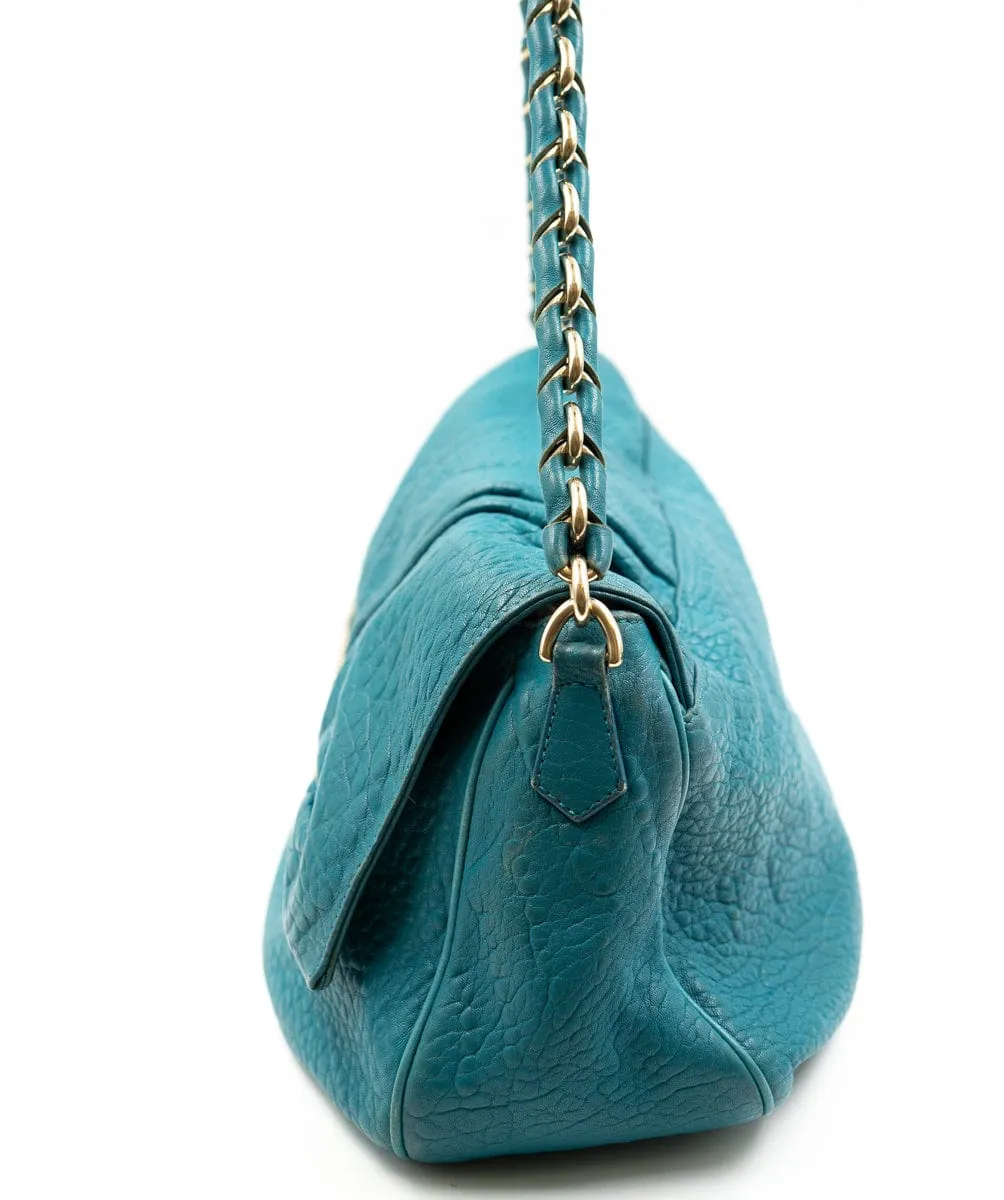 Fendi Mia Flap Shoulder Bag Emerald Blue Pebbled Leather A - AWL4090