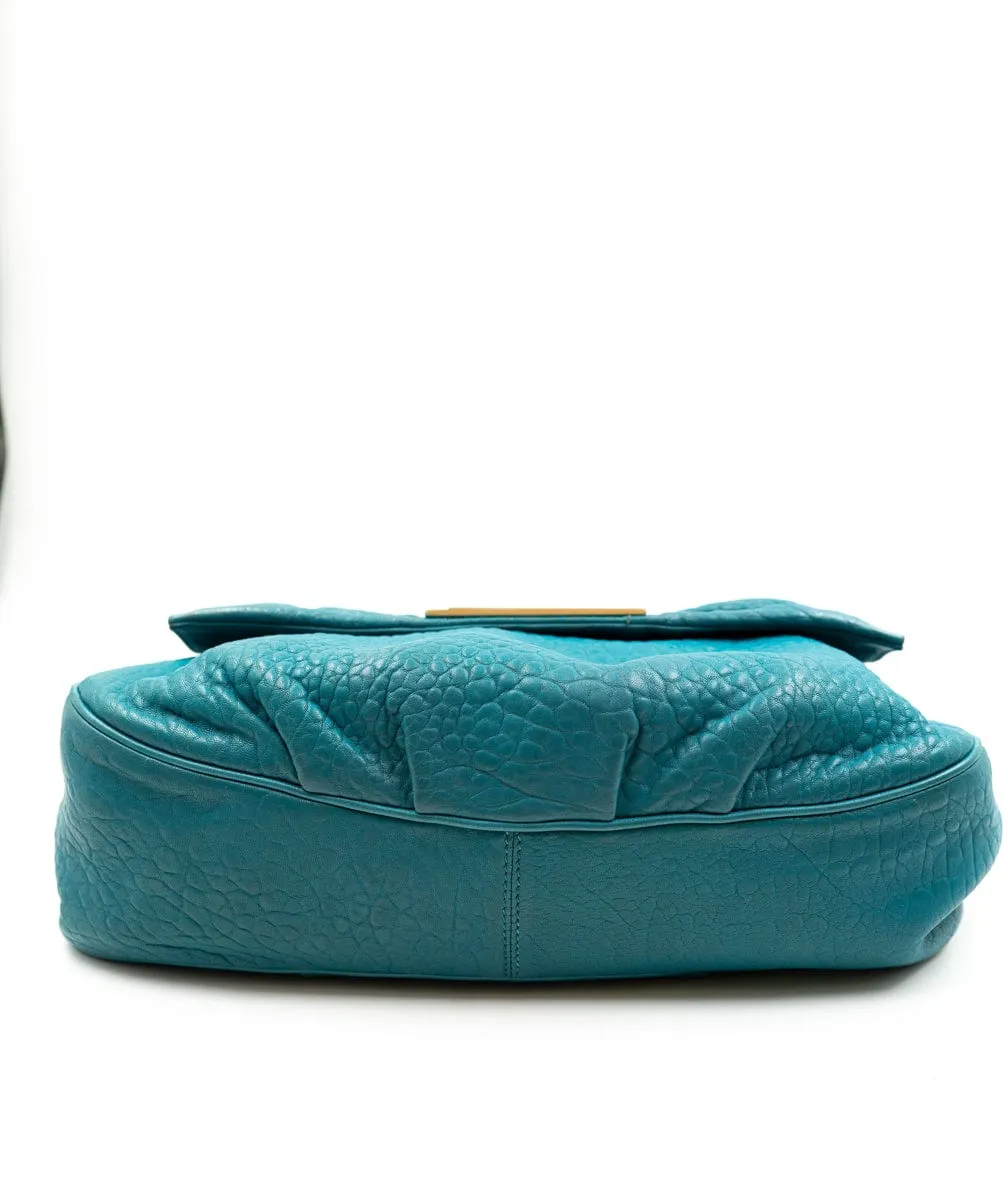 Fendi Mia Flap Shoulder Bag Emerald Blue Pebbled Leather A - AWL4090