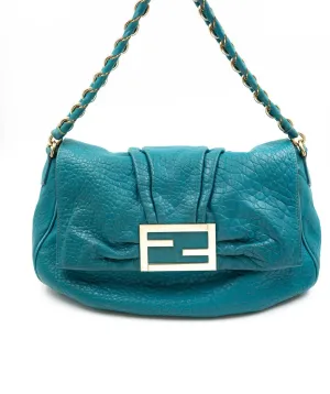 Fendi Mia Flap Shoulder Bag Emerald Blue Pebbled Leather A - AWL4090