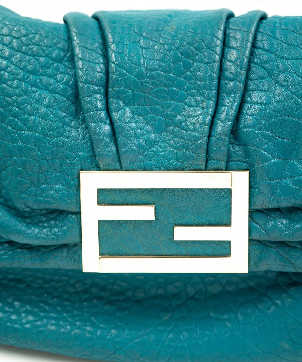Fendi Mia Flap Shoulder Bag Emerald Blue Pebbled Leather A - AWL4090