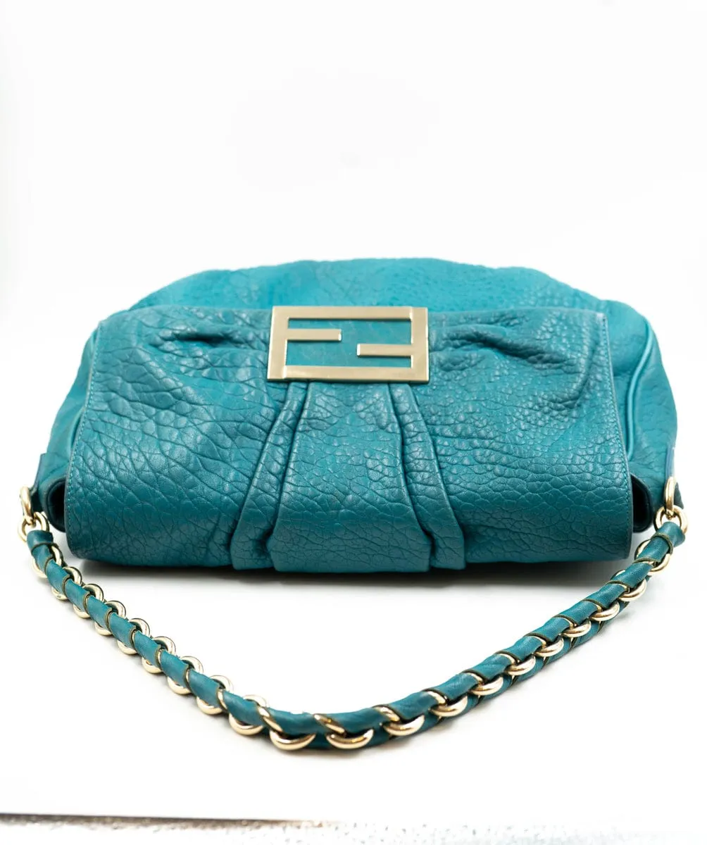 Fendi Mia Flap Shoulder Bag Emerald Blue Pebbled Leather A - AWL4090