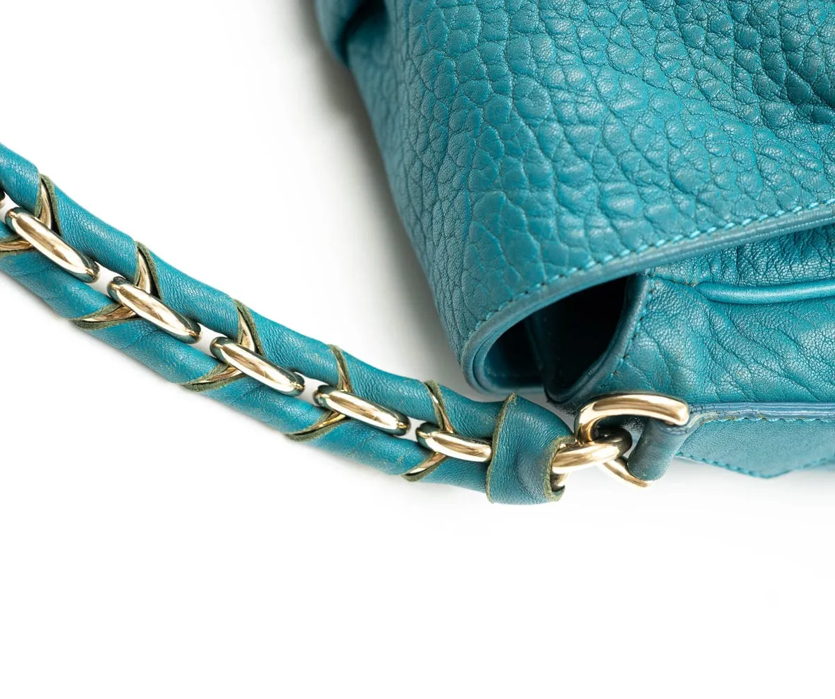 Fendi Mia Flap Shoulder Bag Emerald Blue Pebbled Leather A - AWL4090