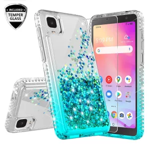 For TCL Ion Z/A3 Case Liquid Glitter Phone Case Waterfall Floating Quicksand Bling Sparkle Cute Protective Girls Women Cover for TCL Ion Z/A3 W/Temper Glass - Teal