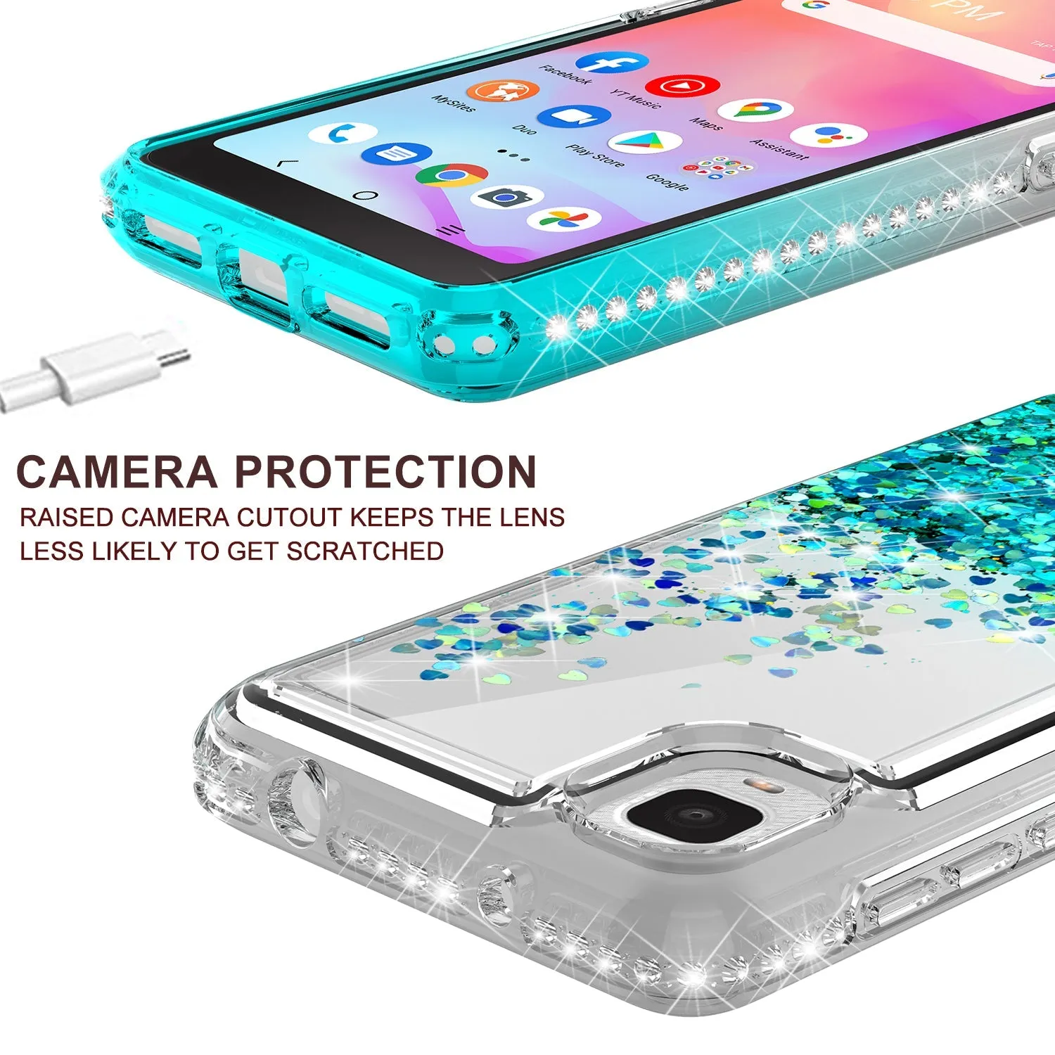 For TCL Ion Z/A3 Case Liquid Glitter Phone Case Waterfall Floating Quicksand Bling Sparkle Cute Protective Girls Women Cover for TCL Ion Z/A3 W/Temper Glass - Teal