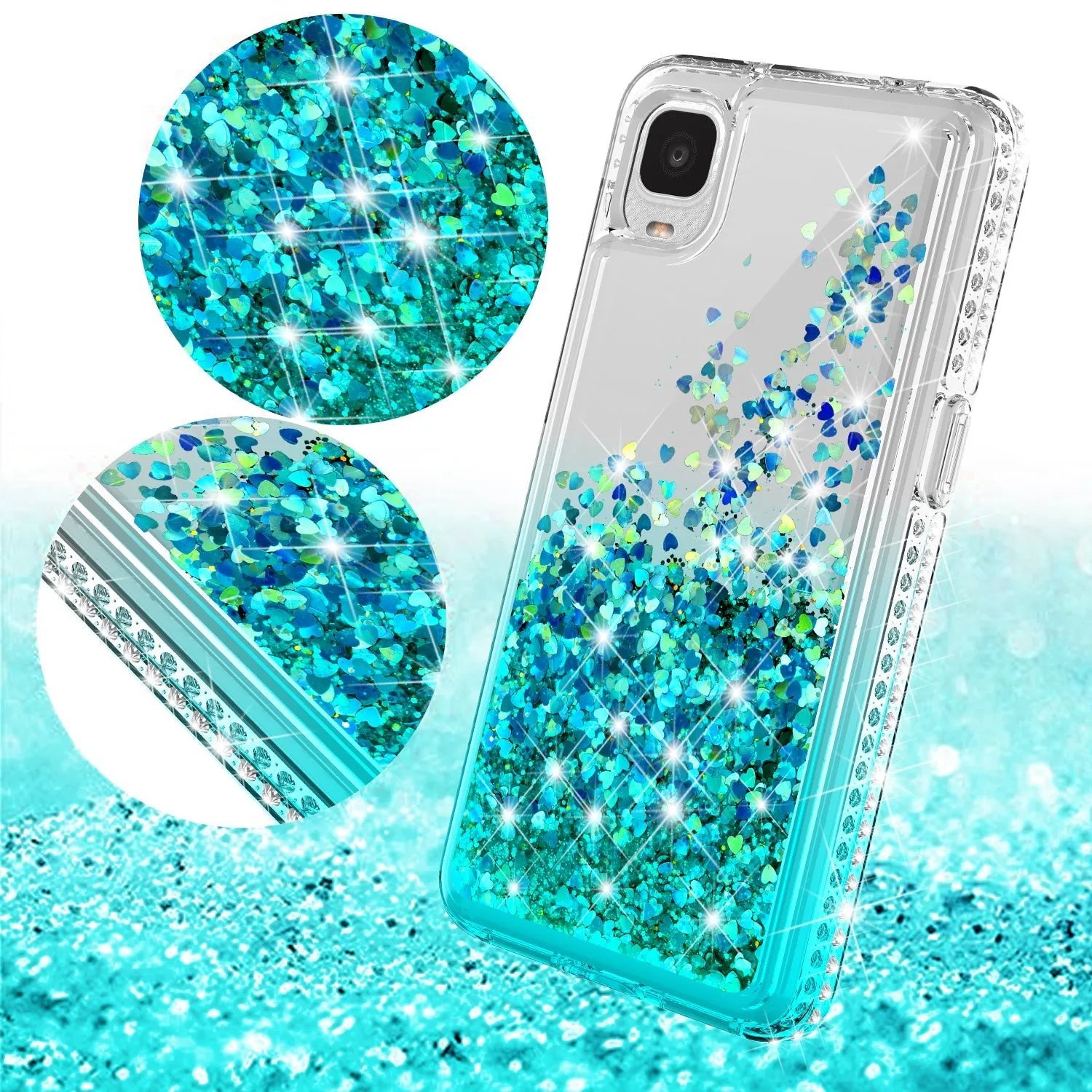 For TCL Ion Z/A3 Case Liquid Glitter Phone Case Waterfall Floating Quicksand Bling Sparkle Cute Protective Girls Women Cover for TCL Ion Z/A3 W/Temper Glass - Teal
