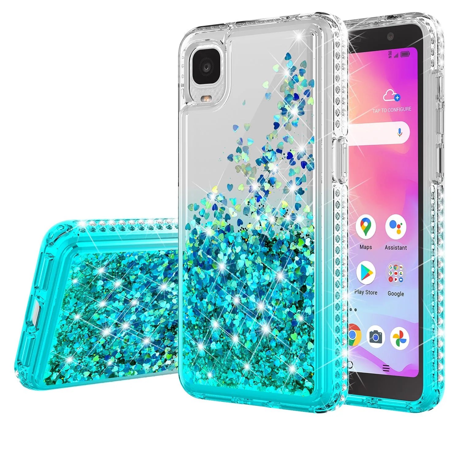 For TCL Ion Z/A3 Case Liquid Glitter Phone Case Waterfall Floating Quicksand Bling Sparkle Cute Protective Girls Women Cover for TCL Ion Z/A3 W/Temper Glass - Teal