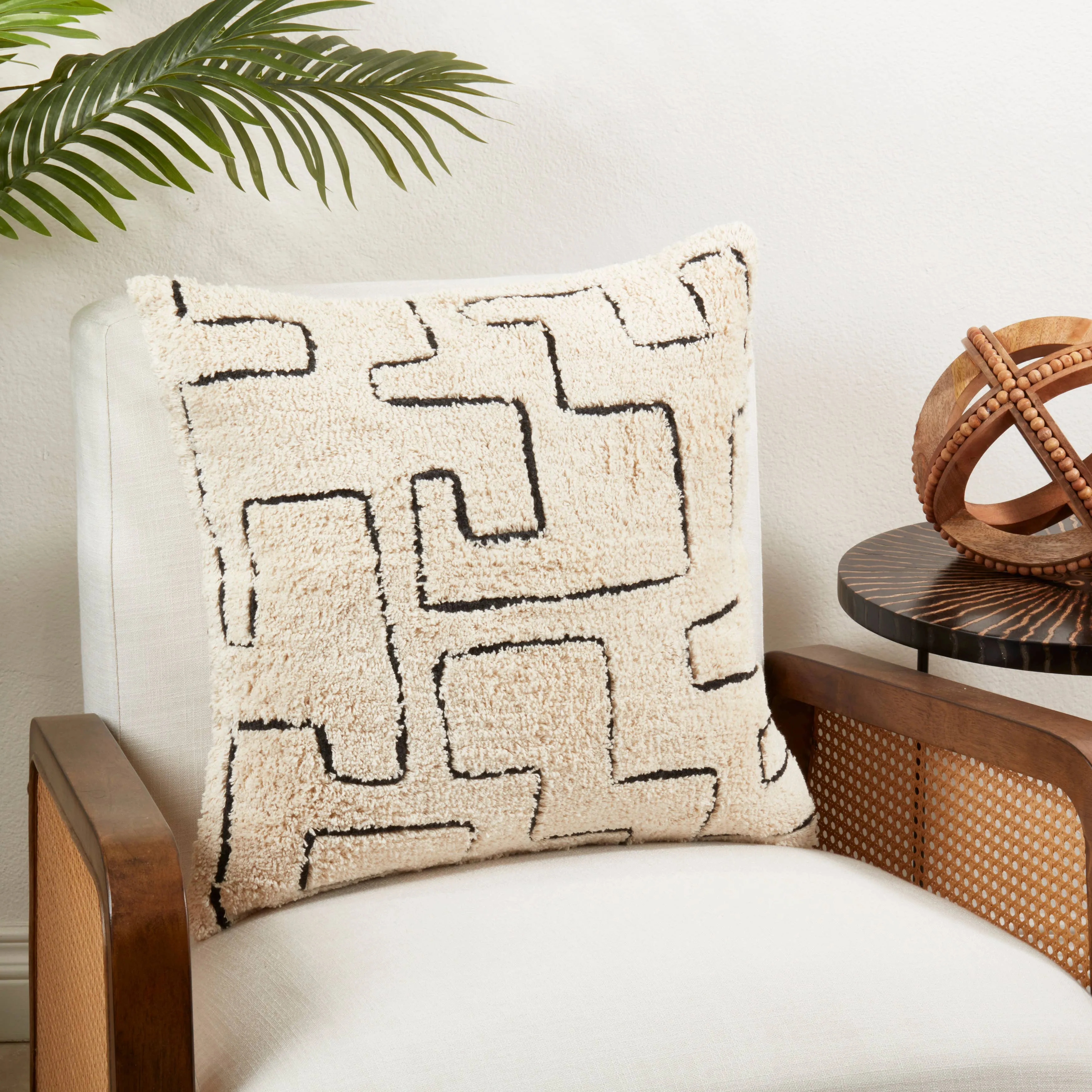 Geometric Splendor Tufted Throw Pillow: Black/Natural / Down Filled / 20"