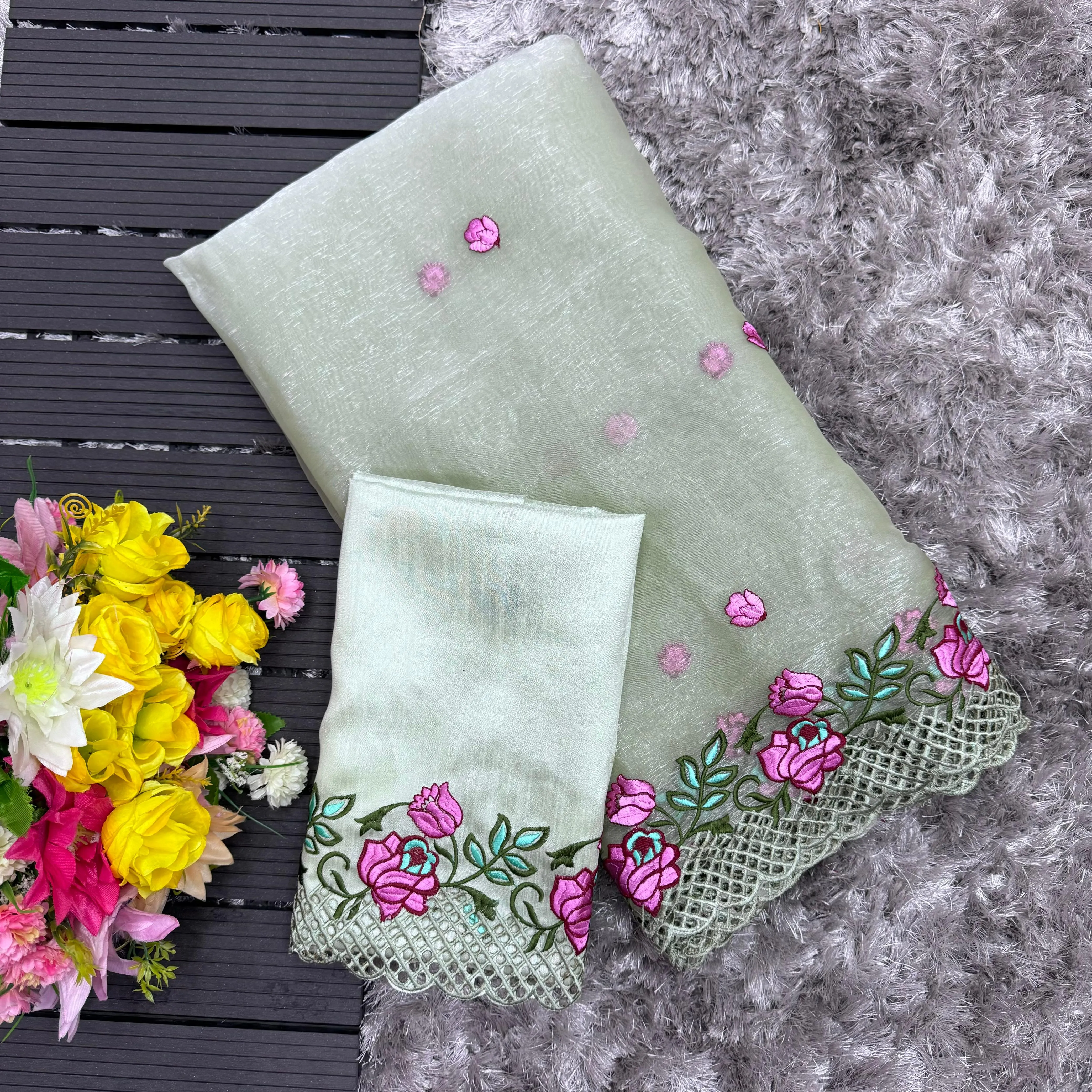 Grey Crush Silk Saree with Intricate Floral Embroidery & Matching Blouse
