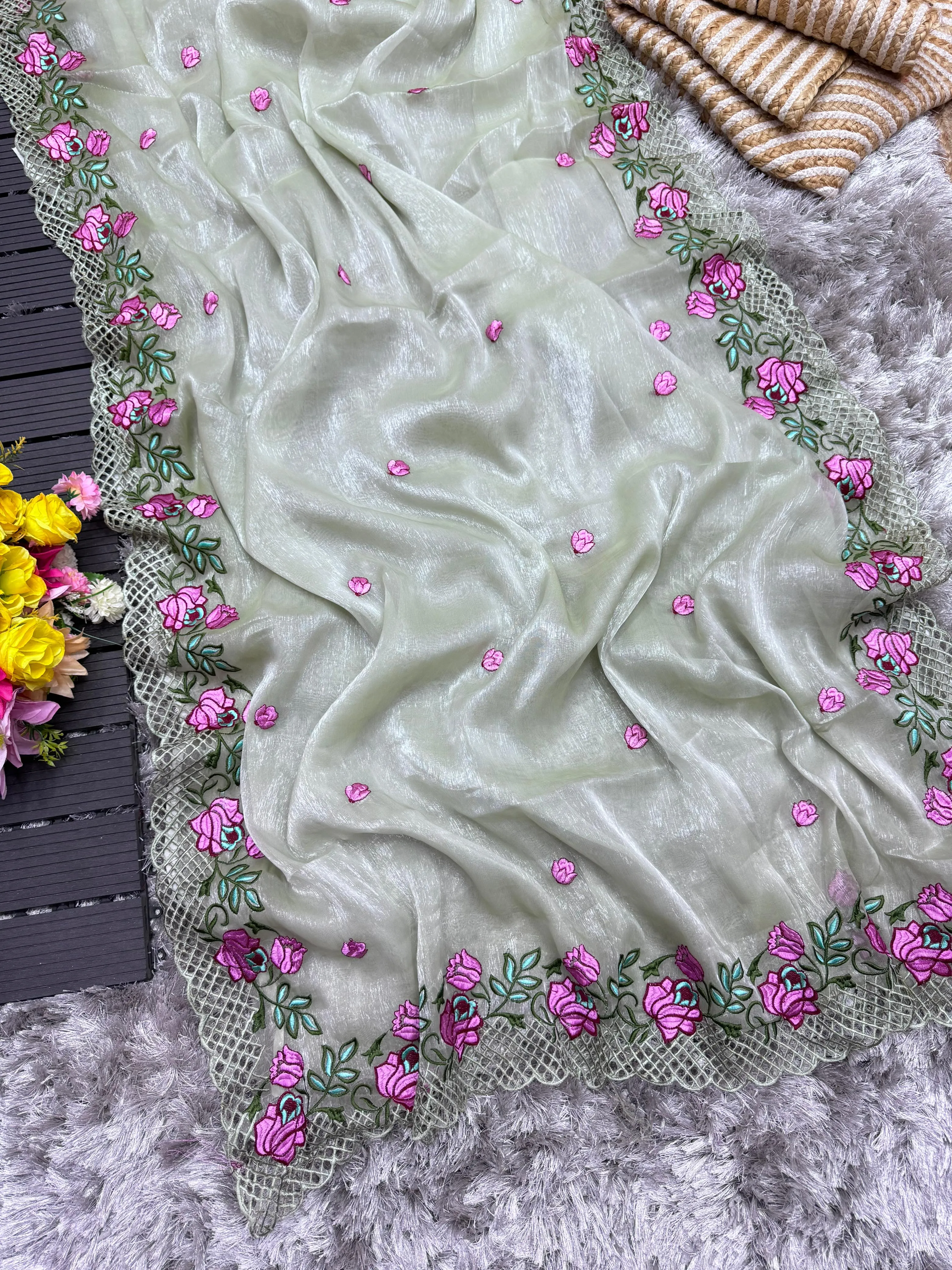 Grey Crush Silk Saree with Intricate Floral Embroidery & Matching Blouse