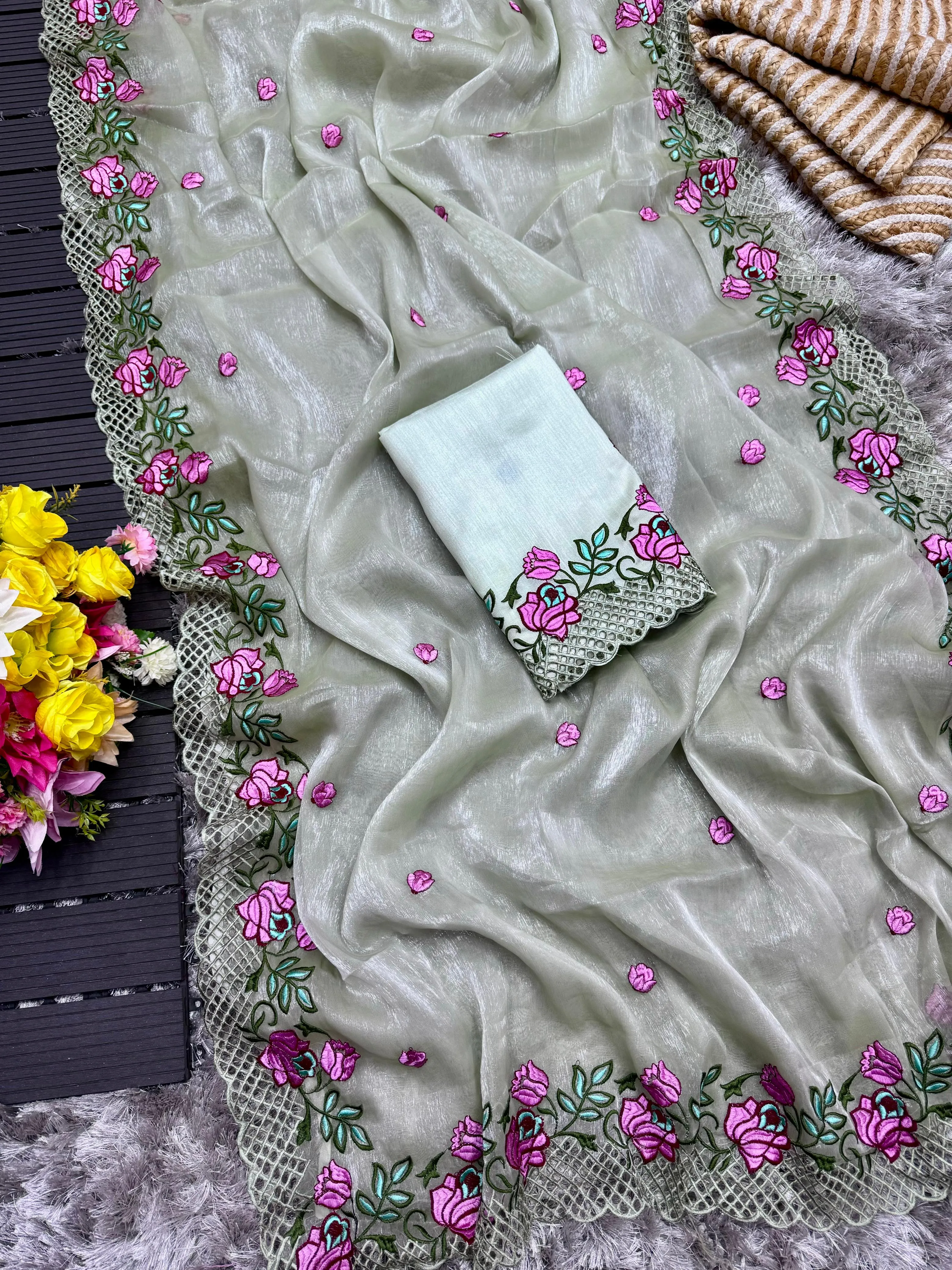 Grey Crush Silk Saree with Intricate Floral Embroidery & Matching Blouse