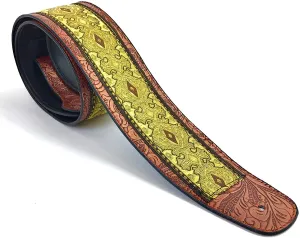 Handmade Vegan Psychedelic Jacquard Retro 70's Style Guitar Strap by VTAR, Made with Vegan Leather. For Acoustic, Bass and Electric (Yellow Psychedelic))