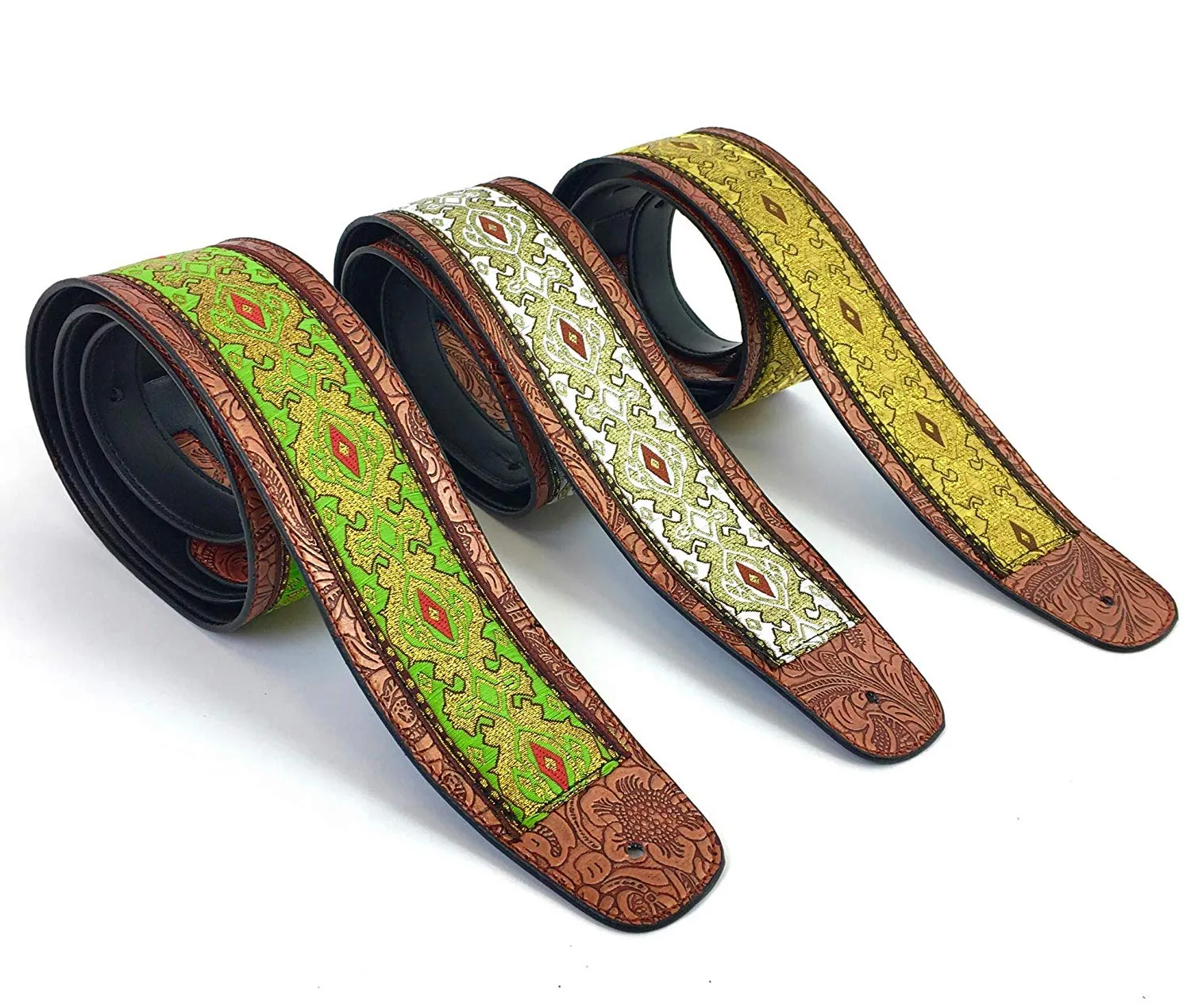 Handmade Vegan Psychedelic Jacquard Retro 70's Style Guitar Strap by VTAR, Made with Vegan Leather. For Acoustic, Bass and Electric (Yellow Psychedelic))