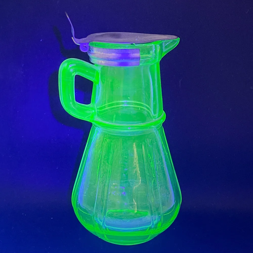 Hazel Atlas Uranium Glass Syrup Pitcher with Lid - 1920s