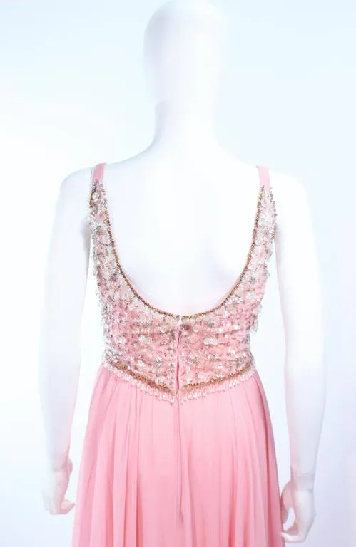 I. MAGNIN 1960s Hand Beaded Pink Chiffon Gown Size 4