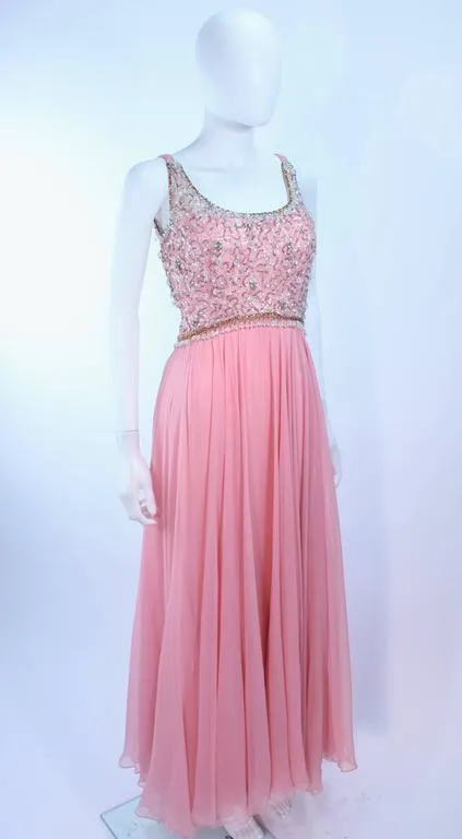 I. MAGNIN 1960s Hand Beaded Pink Chiffon Gown Size 4