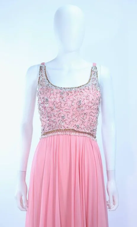 I. MAGNIN 1960s Hand Beaded Pink Chiffon Gown Size 4