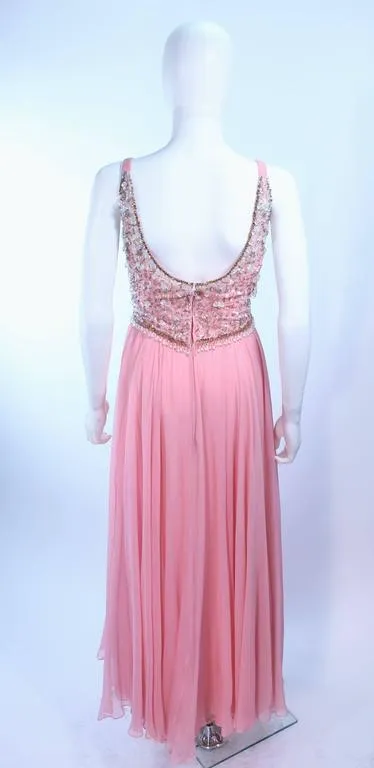 I. MAGNIN 1960s Hand Beaded Pink Chiffon Gown Size 4
