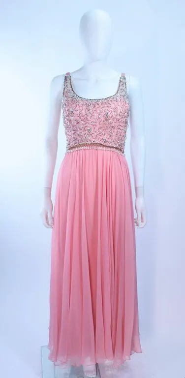 I. MAGNIN 1960s Hand Beaded Pink Chiffon Gown Size 4
