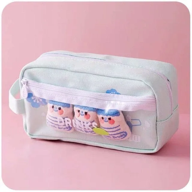 Kawaii Pet Charm Poms Pencil Case
