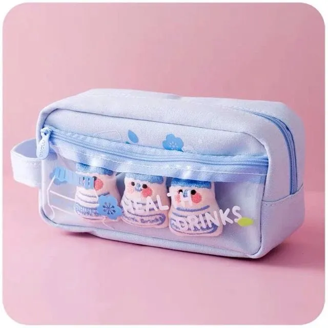 Kawaii Pet Charm Poms Pencil Case