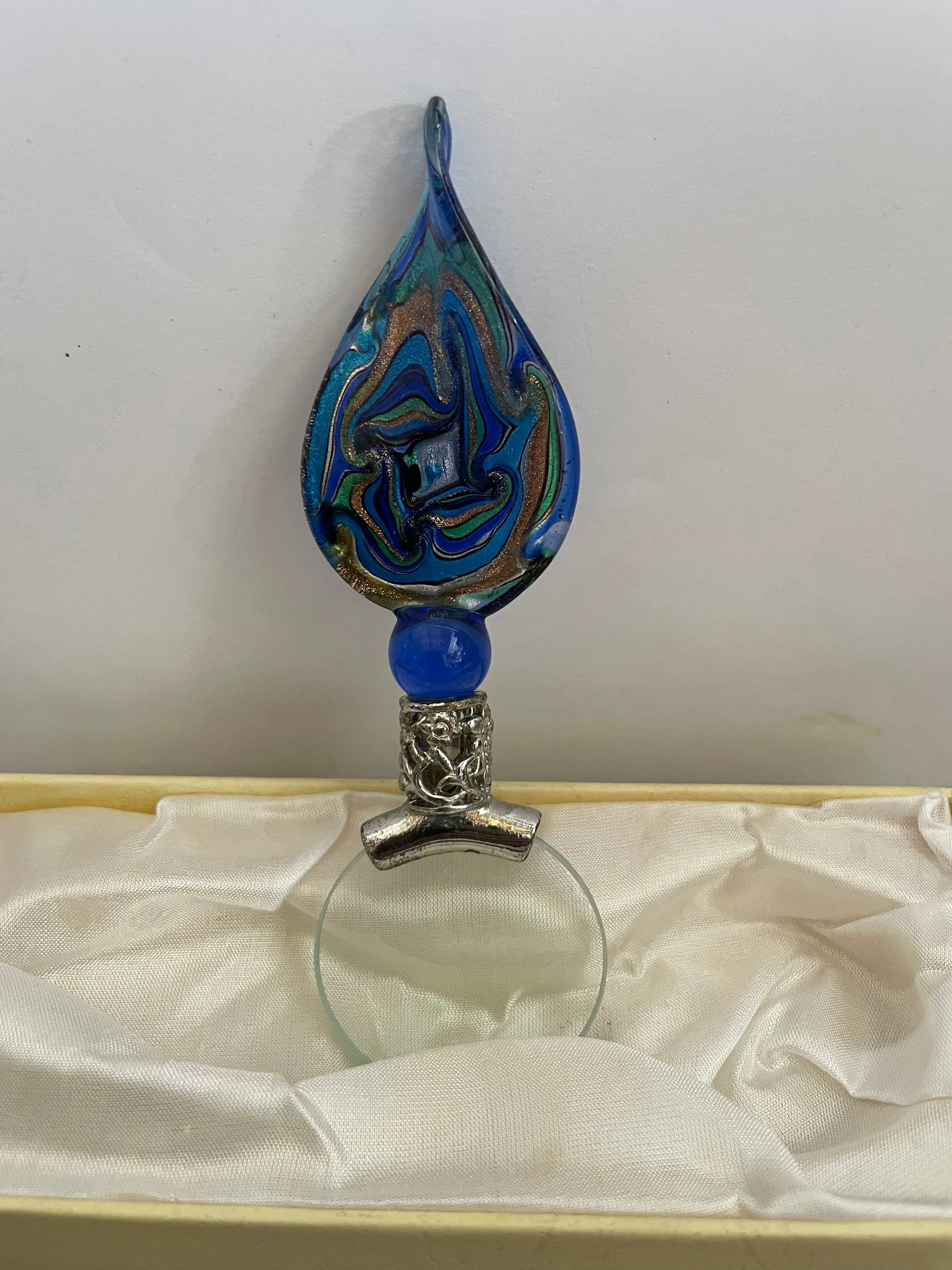 (L) <€€ Vintage Blown Glass LUPE Loupe Magnifier  Blue Green Gold Silver