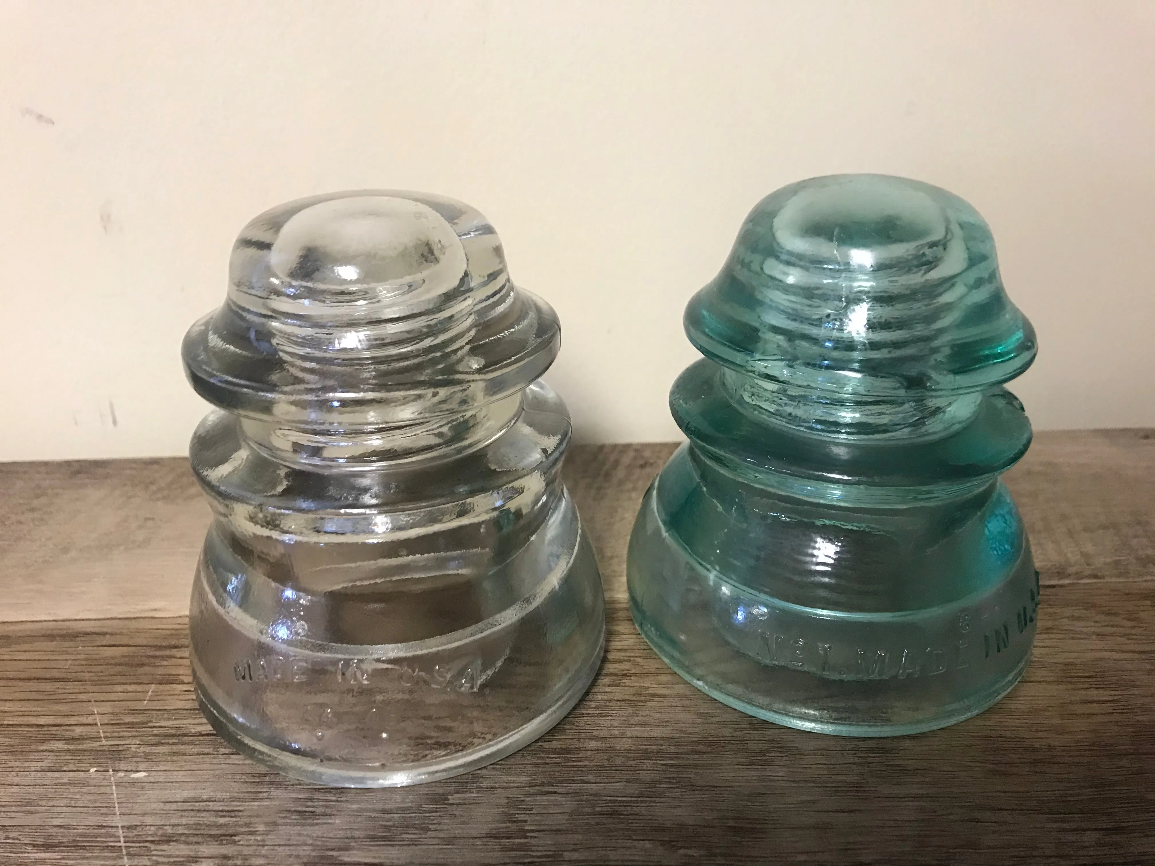 [L] <€€ Vintage Pair Set/2 4” Clear Aqua Glass Whitall Tatum Co. USA Railroad Telephone Pole Insulators #1-8 #1/44-45