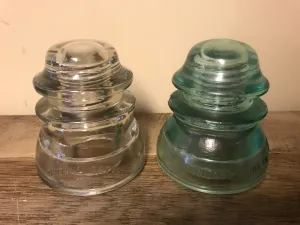 [L] <€€ Vintage Pair Set/2 4” Clear Aqua Glass Whitall Tatum Co. USA Railroad Telephone Pole Insulators #1-8 #1/44-45