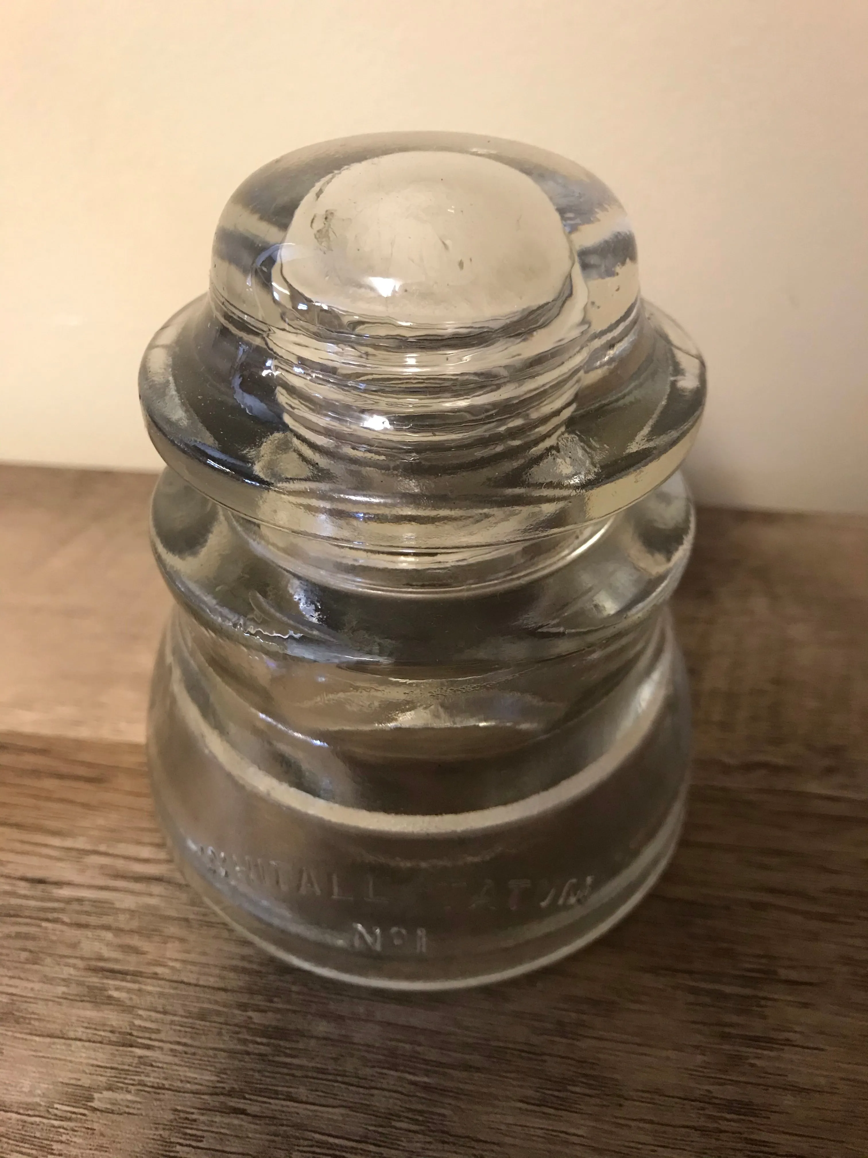 [L] <€€ Vintage Pair Set/2 4” Clear Aqua Glass Whitall Tatum Co. USA Railroad Telephone Pole Insulators #1-8 #1/44-45