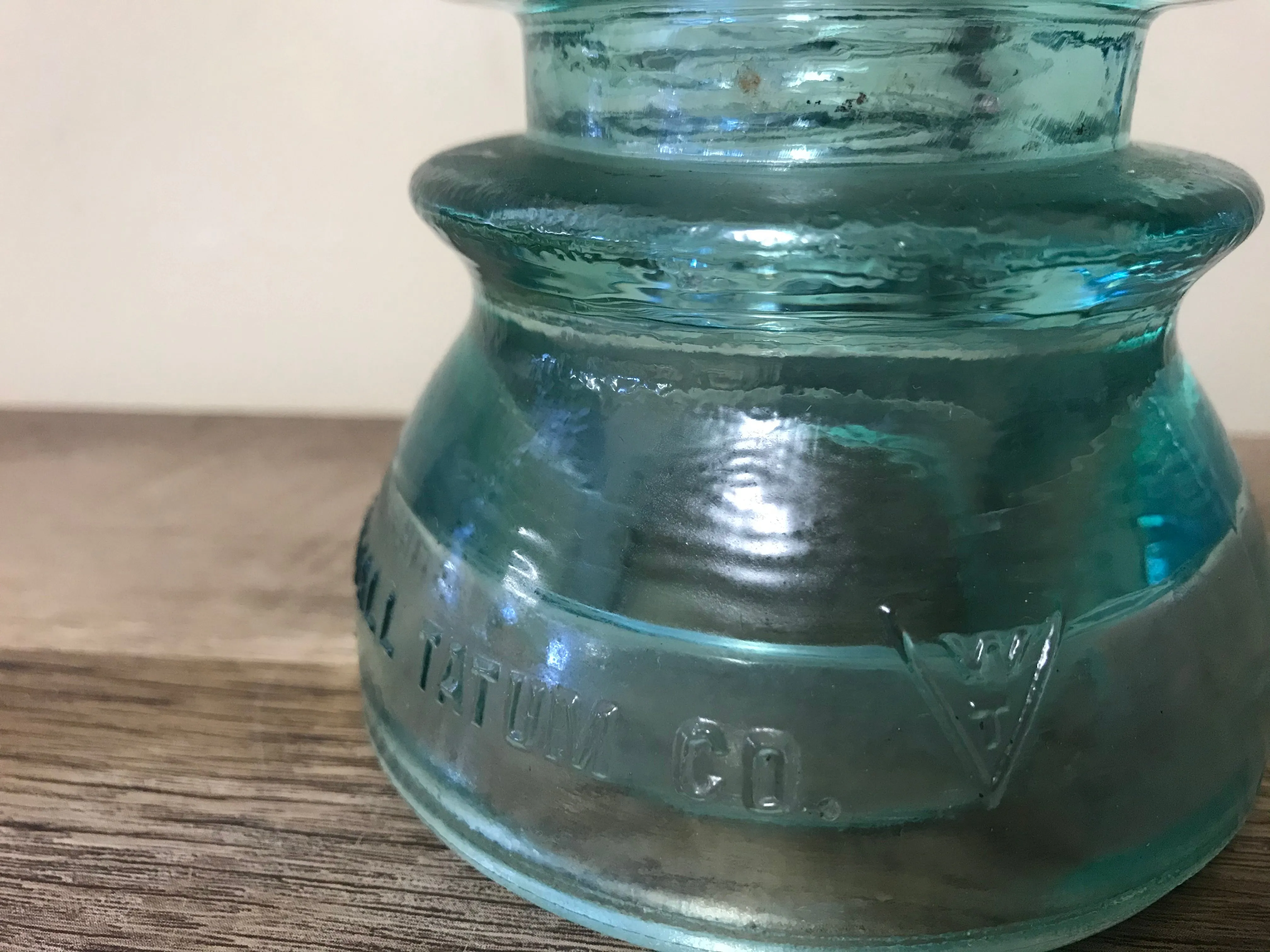 [L] <€€ Vintage Pair Set/2 4” Clear Aqua Glass Whitall Tatum Co. USA Railroad Telephone Pole Insulators #1-8 #1/44-45
