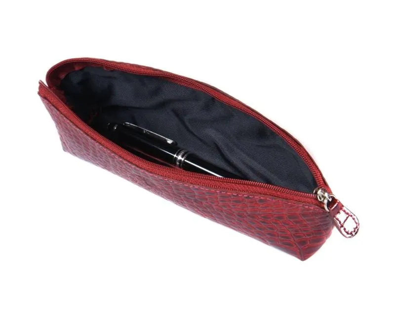 Large Leather Pencil Case - Red Patent Croc