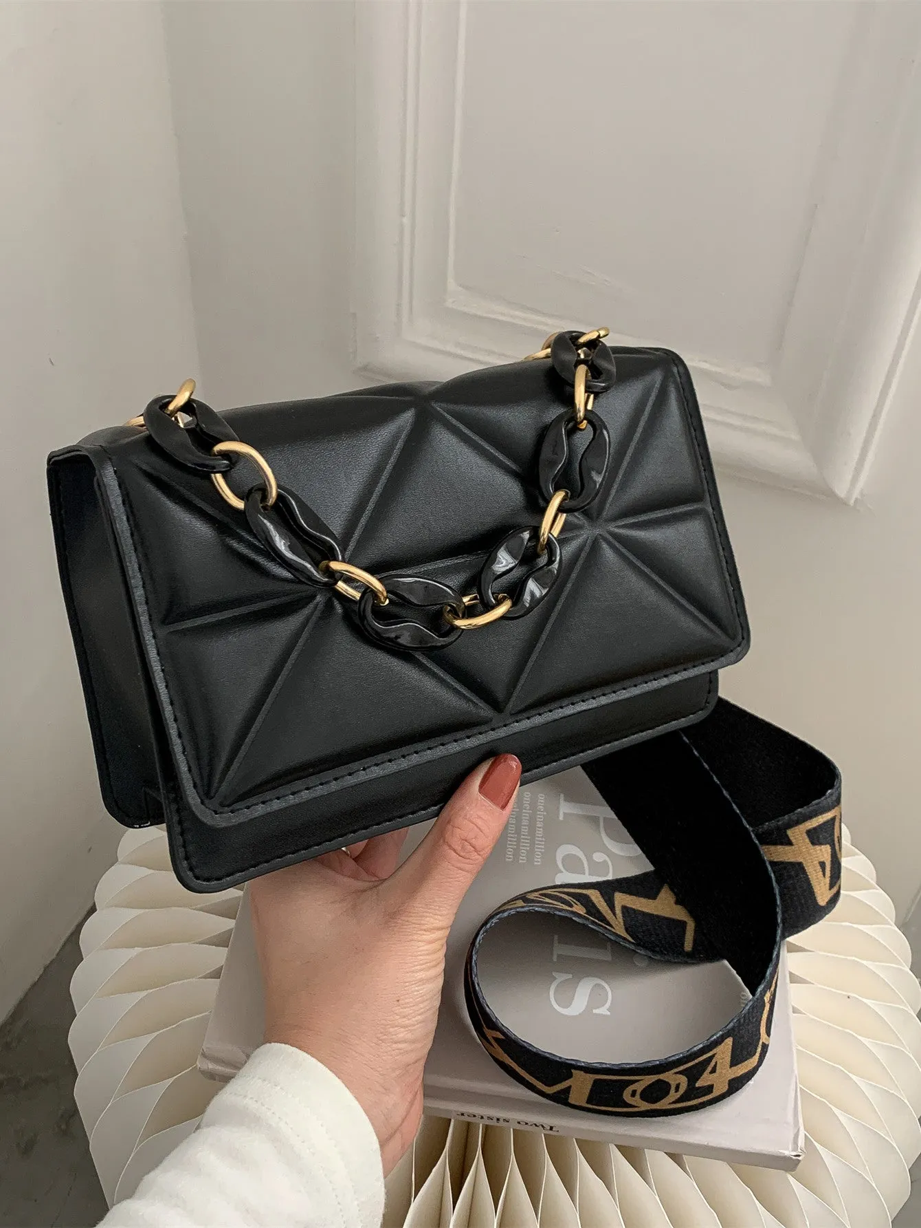 Lightweight,Business Casual Mini Chain Decor Flap Square Bag