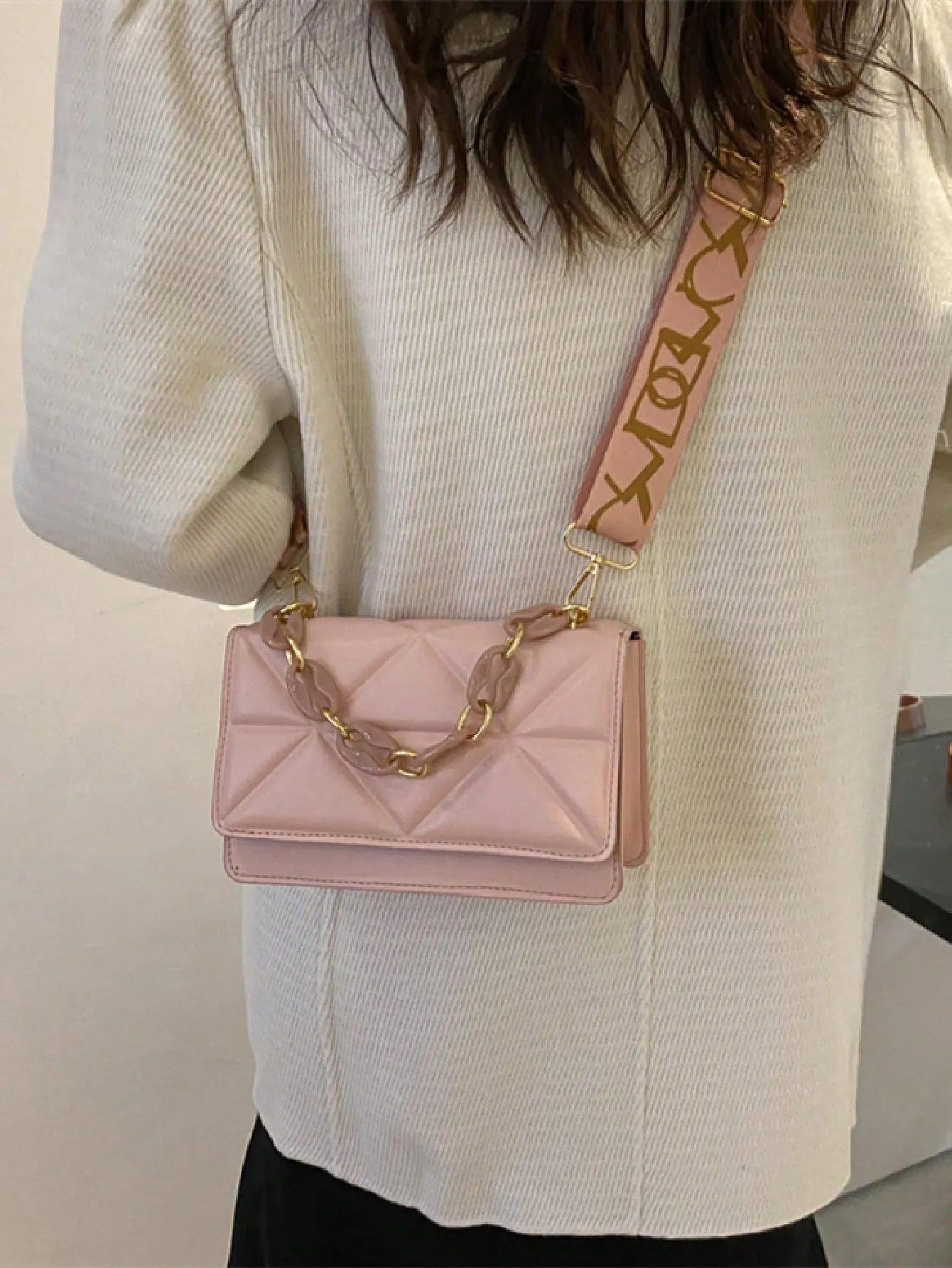 Lightweight,Business Casual Mini Chain Decor Flap Square Bag