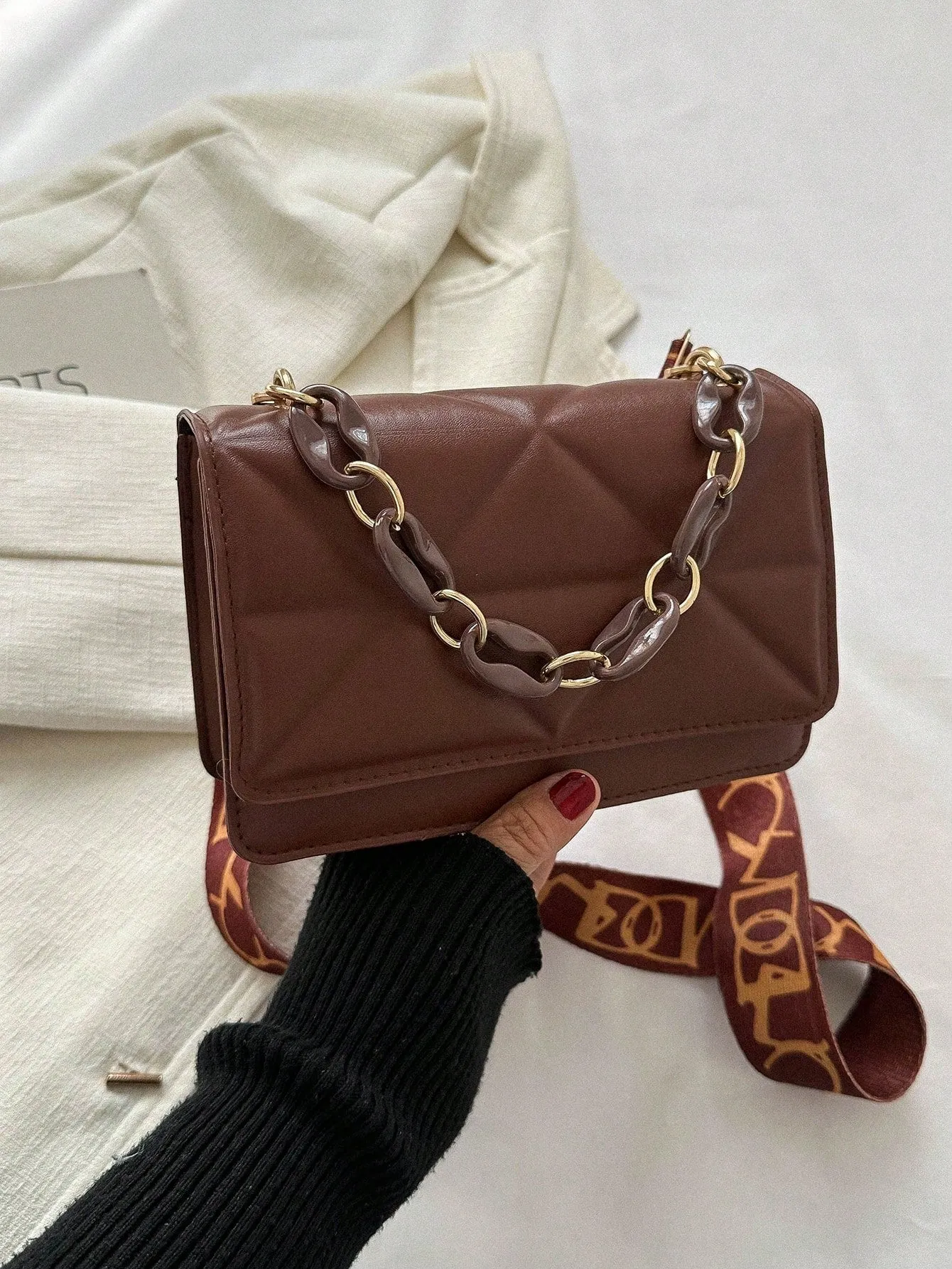 Lightweight,Business Casual Mini Chain Decor Flap Square Bag