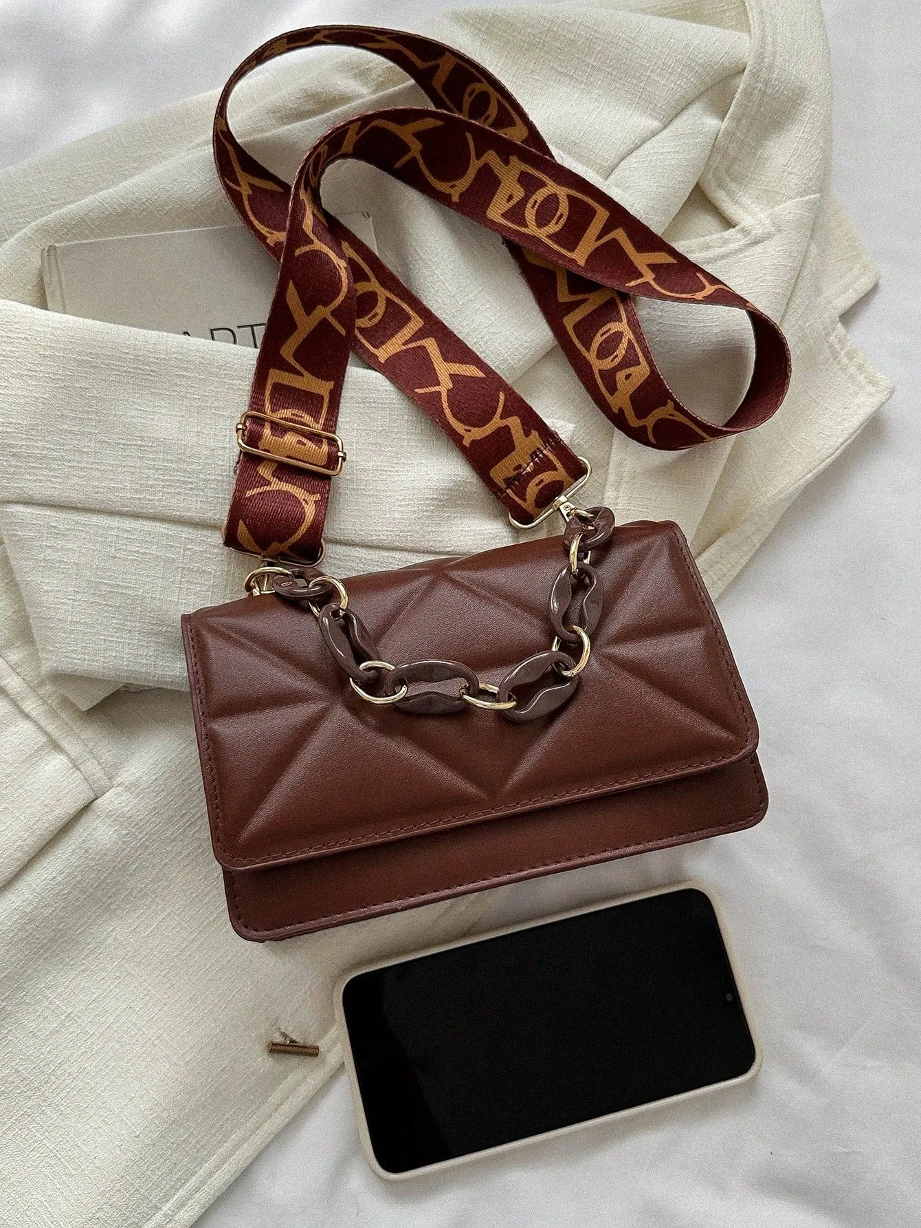 Lightweight,Business Casual Mini Chain Decor Flap Square Bag