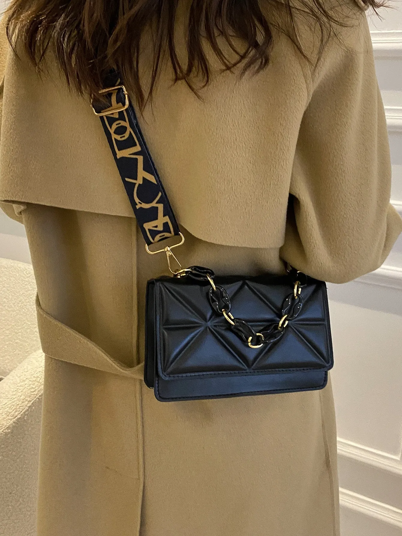 Lightweight,Business Casual Mini Chain Decor Flap Square Bag