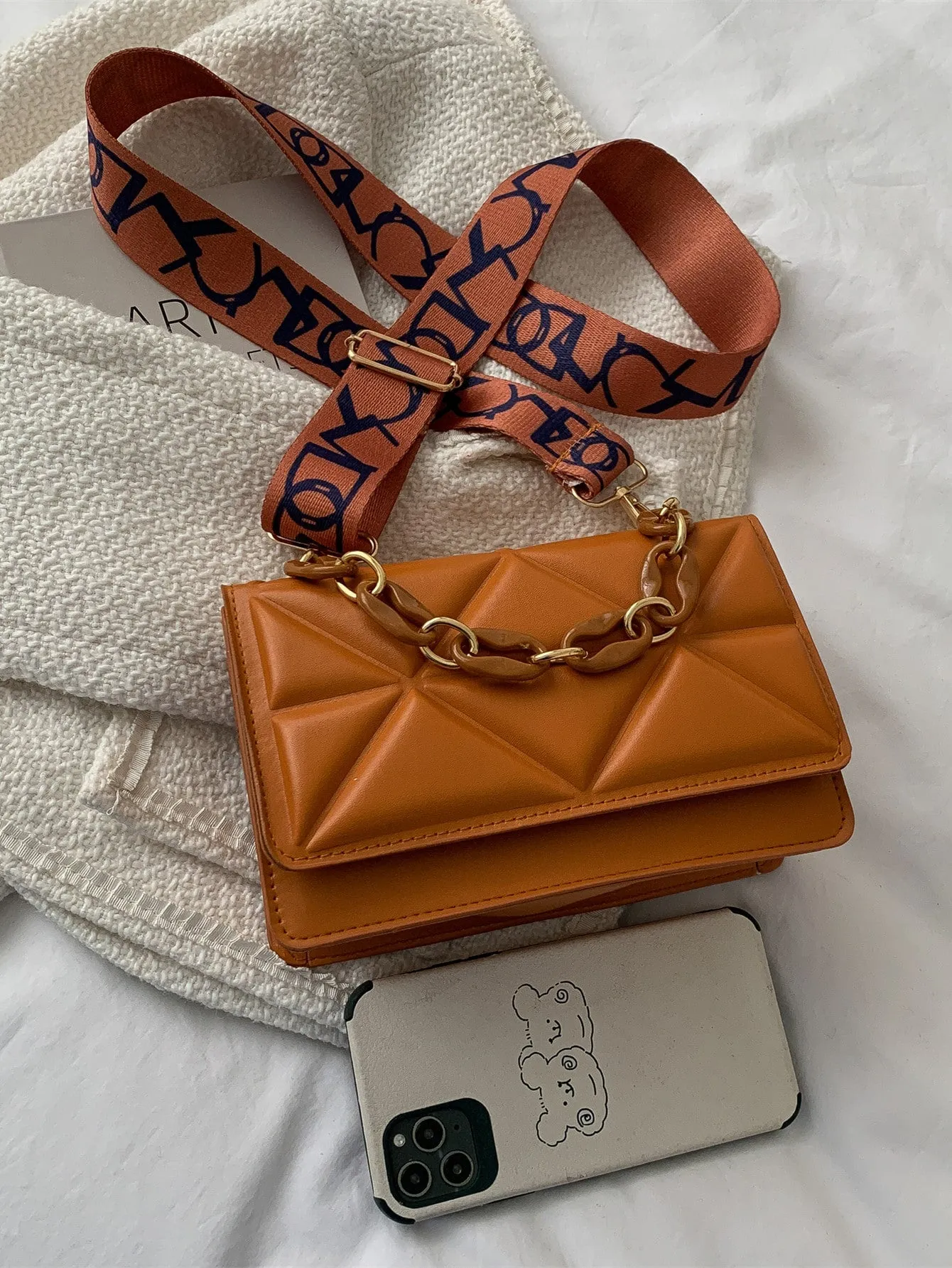 Lightweight,Business Casual Mini Chain Decor Flap Square Bag
