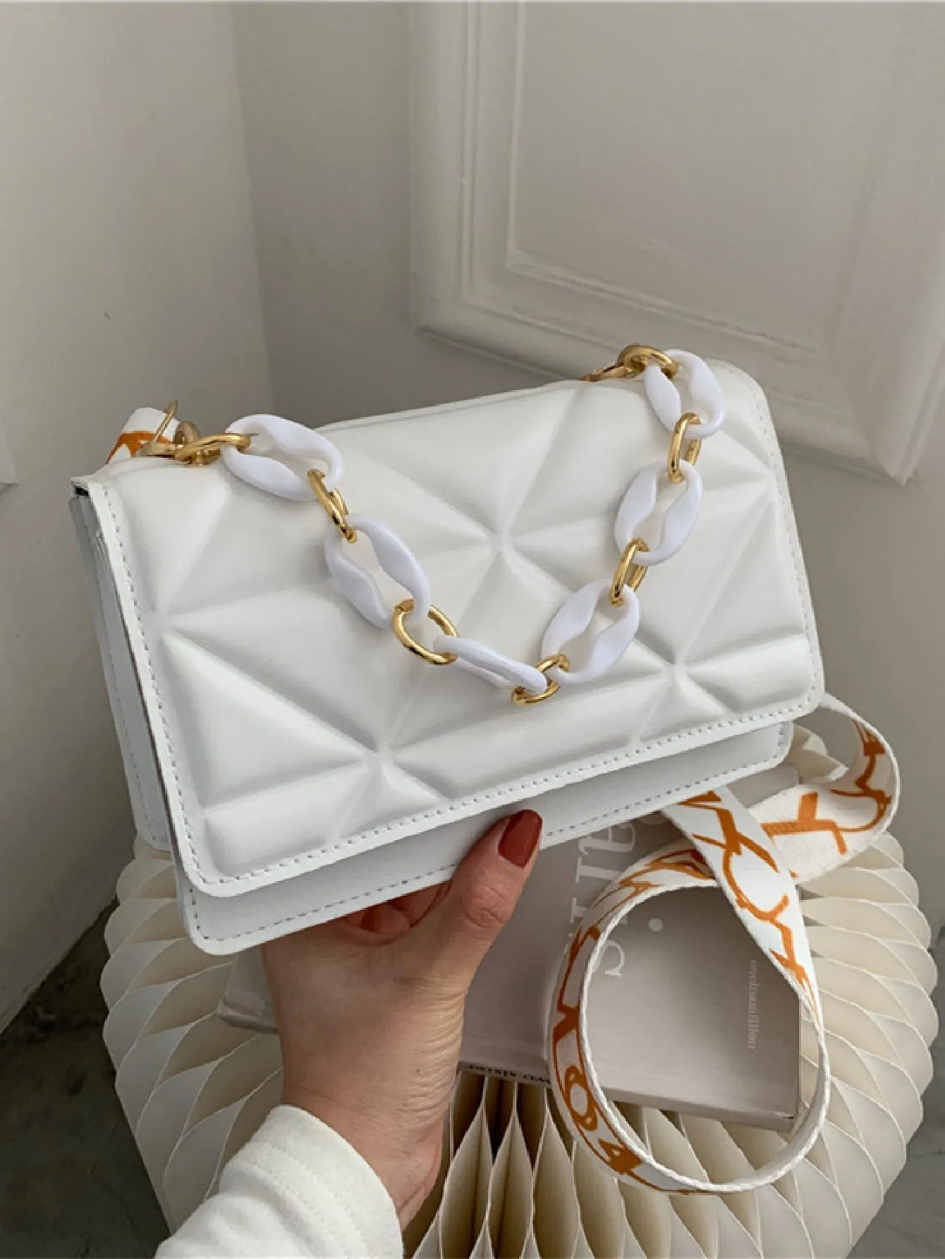Lightweight,Business Casual Mini Chain Decor Flap Square Bag