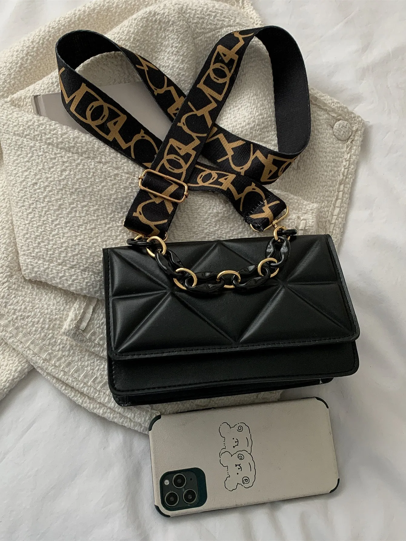 Lightweight,Business Casual Mini Chain Decor Flap Square Bag