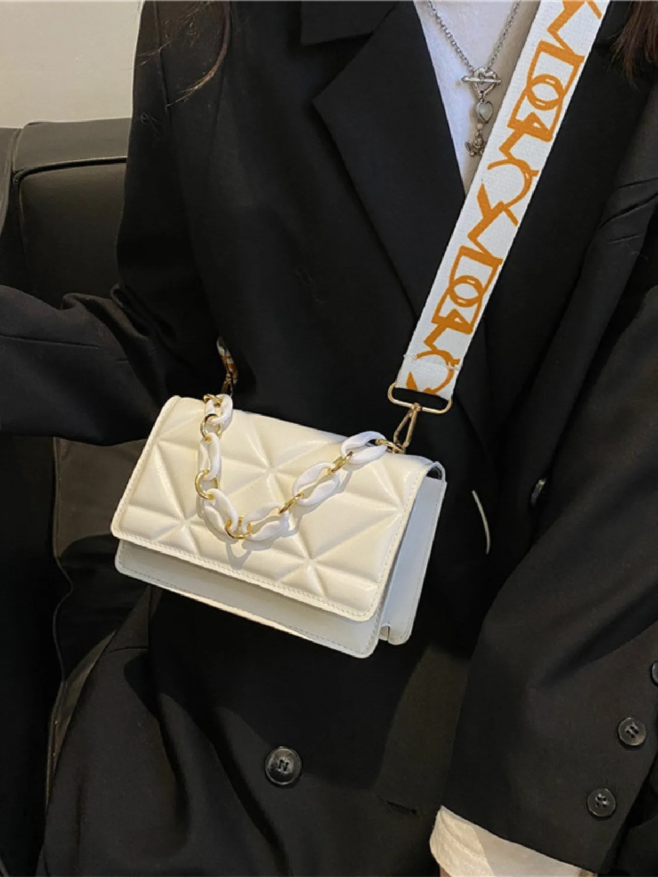 Lightweight,Business Casual Mini Chain Decor Flap Square Bag