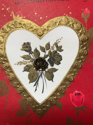 <€€ Vintage Valentine's Day CARD for Wife Raised Gold Rose Used Retired