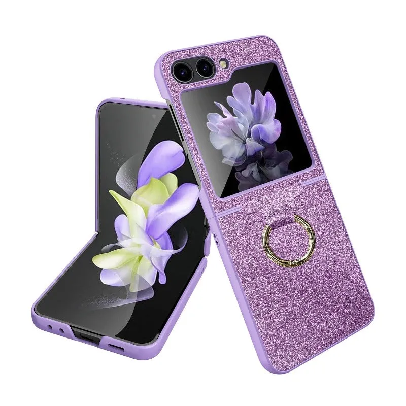 Luxury Colorful Shiny Glitter Ring Bracket With Tempered Film Shockproof Hard Phone Case For Samsung Galaxy Z Flip 5
