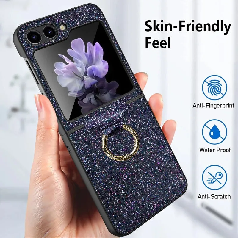 Luxury Colorful Shiny Glitter Ring Bracket With Tempered Film Shockproof Hard Phone Case For Samsung Galaxy Z Flip 5