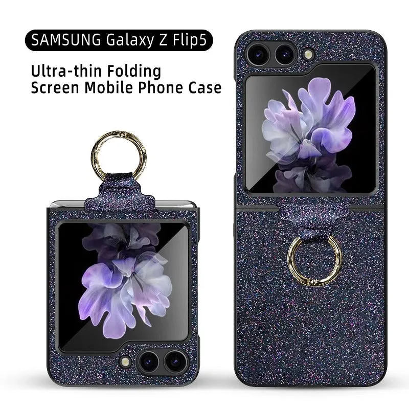 Luxury Colorful Shiny Glitter Ring Bracket With Tempered Film Shockproof Hard Phone Case For Samsung Galaxy Z Flip 5