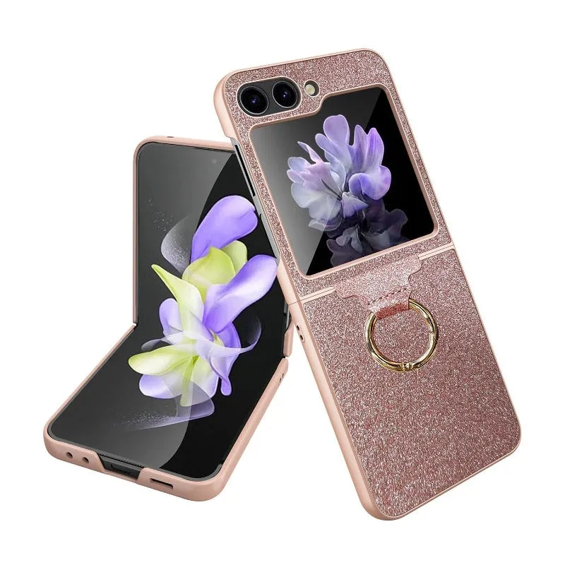 Luxury Colorful Shiny Glitter Ring Bracket With Tempered Film Shockproof Hard Phone Case For Samsung Galaxy Z Flip 5
