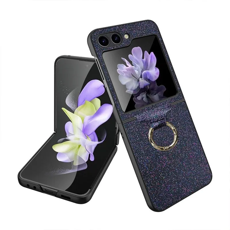 Luxury Colorful Shiny Glitter Ring Bracket With Tempered Film Shockproof Hard Phone Case For Samsung Galaxy Z Flip 5