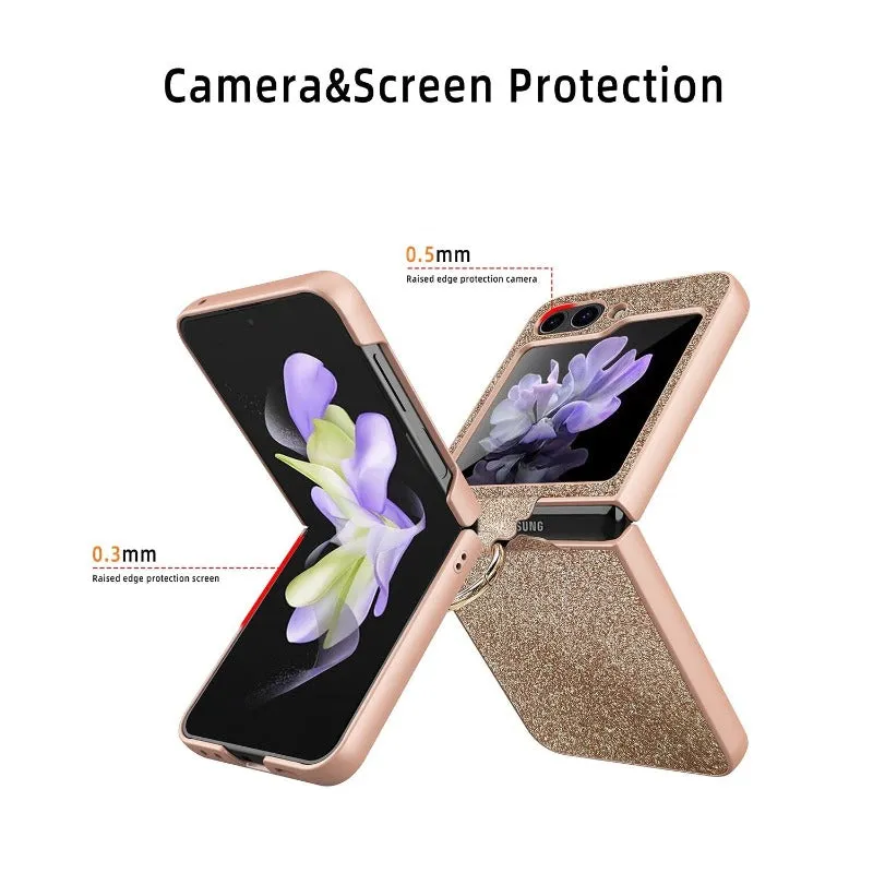 Luxury Colorful Shiny Glitter Ring Bracket With Tempered Film Shockproof Hard Phone Case For Samsung Galaxy Z Flip 5