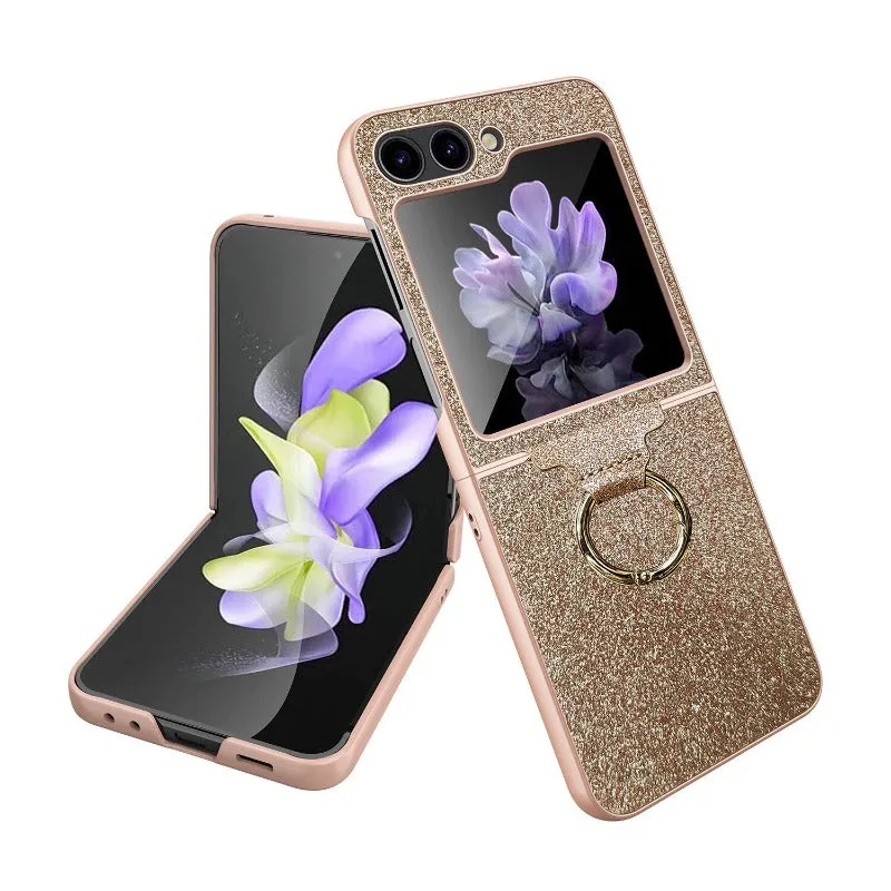 Luxury Colorful Shiny Glitter Ring Bracket With Tempered Film Shockproof Hard Phone Case For Samsung Galaxy Z Flip 5
